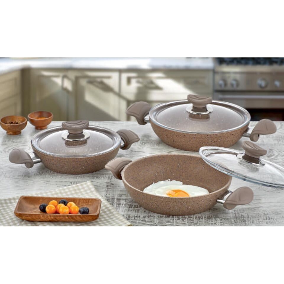 OMS Bio Granit 6 Parça Kapaklı Sahan Seti Kahve | Yapışmaz Biogranit | 18-20-22 cm