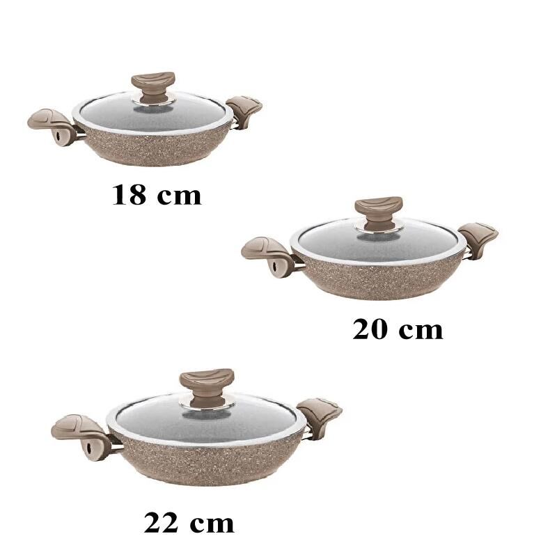 OMS Bio Granit 6 Parça Kapaklı Sahan Seti Kahve | Yapışmaz Biogranit | 18-20-22 cm