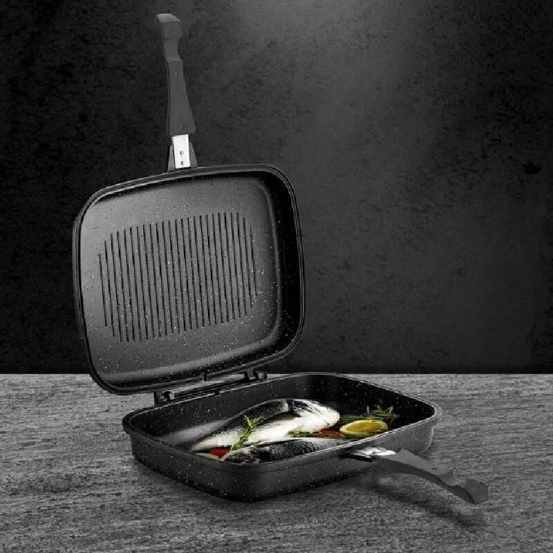 Döküm Granit Çift Taraflı Grill Tava | Silikon Contalı | 36 x 26 cm