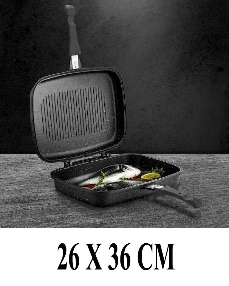 Döküm Granit Çift Taraflı Grill Tava | Silikon Contalı | 36 x 26 cm