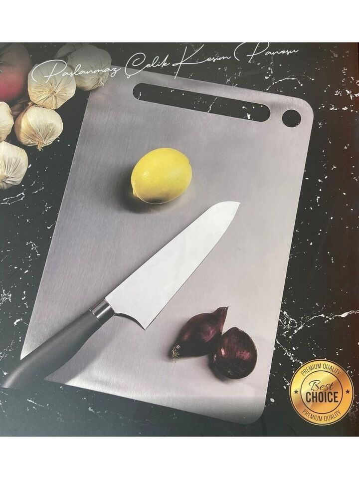Paslanmaz Çelik Kesme Tahtası 34x24 cm – Kaymaz Silikon Ayaklı, Hijyenik, Bulaşık Makinesinde Yıkanabilir