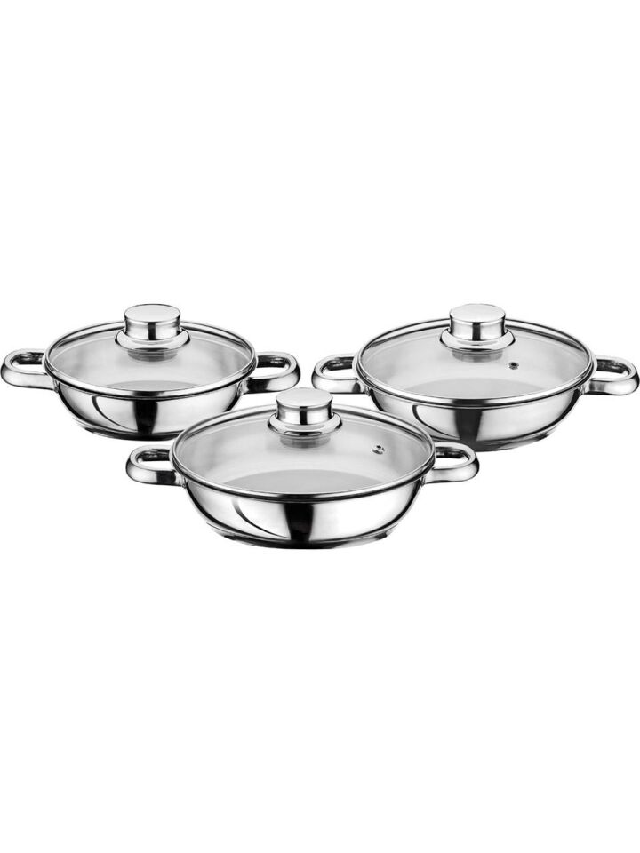 Çelik Sahan Seti | Cam Kapaklı | 16 – 18 – 20 cm