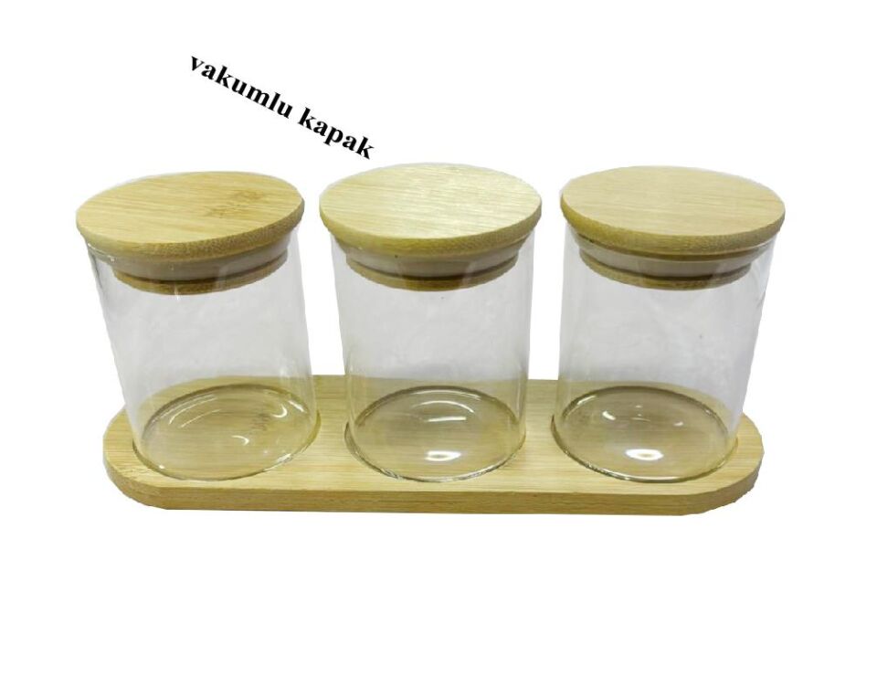 Bambu Standlı 3’lü Mini Baharatlık Seti – Vakum Kapaklı | Kavanoz 7x6 cm | Stand 22x7 cm