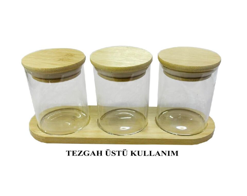 Bambu Standlı 3’lü Mini Baharatlık Seti – Vakum Kapaklı | Kavanoz 7x6 cm | Stand 22x7 cm