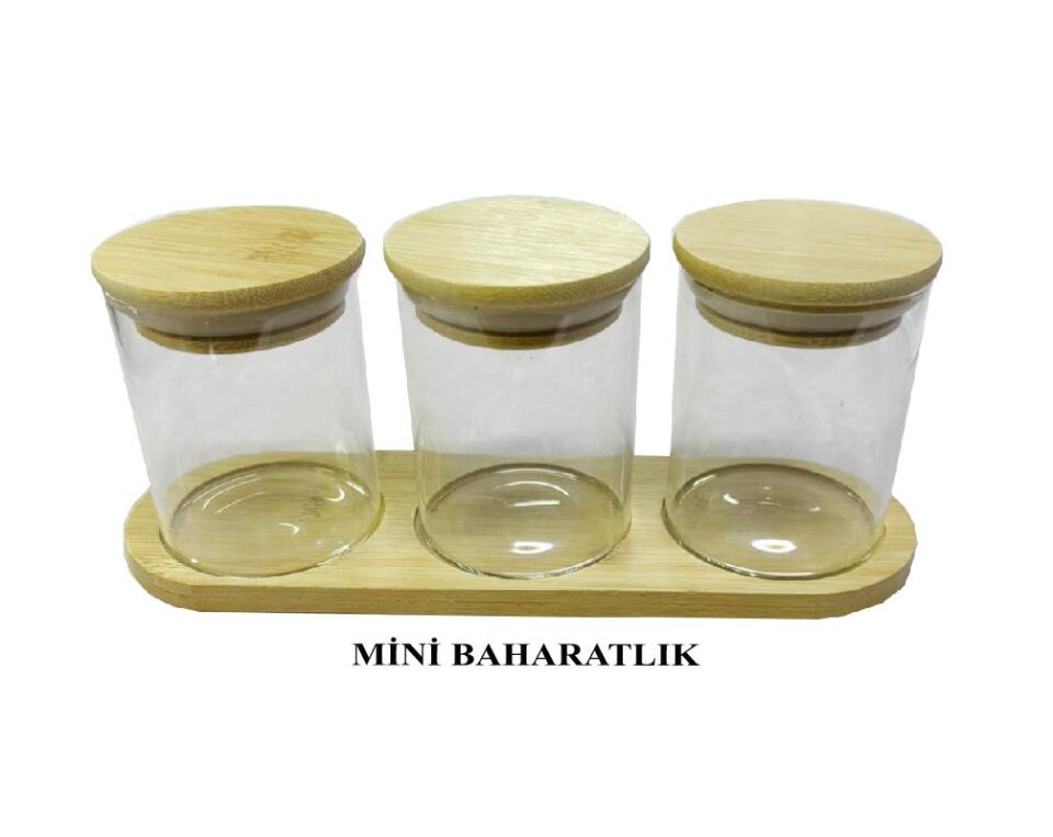 Bambu Standlı 3’lü Mini Baharatlık Seti – Vakum Kapaklı | Kavanoz 7x6 cm | Stand 22x7 cm