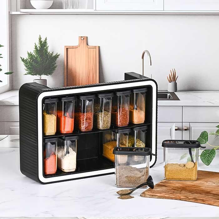 Stil 12’li Baharatlık Set – Duvara Monte Edilebilir | Kendinden Kaşıklı Baharat Organizer