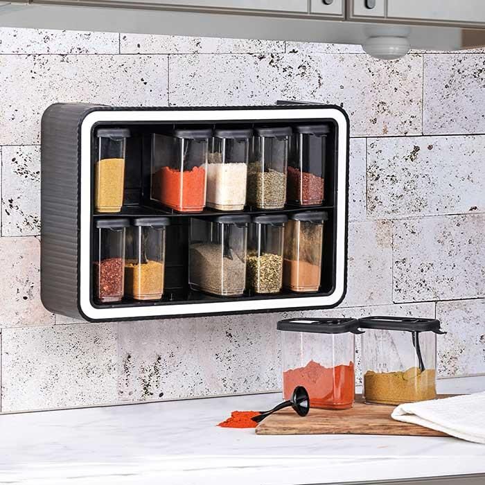 Stil 12’li Baharatlık Set – Duvara Monte Edilebilir | Kendinden Kaşıklı Baharat Organizer