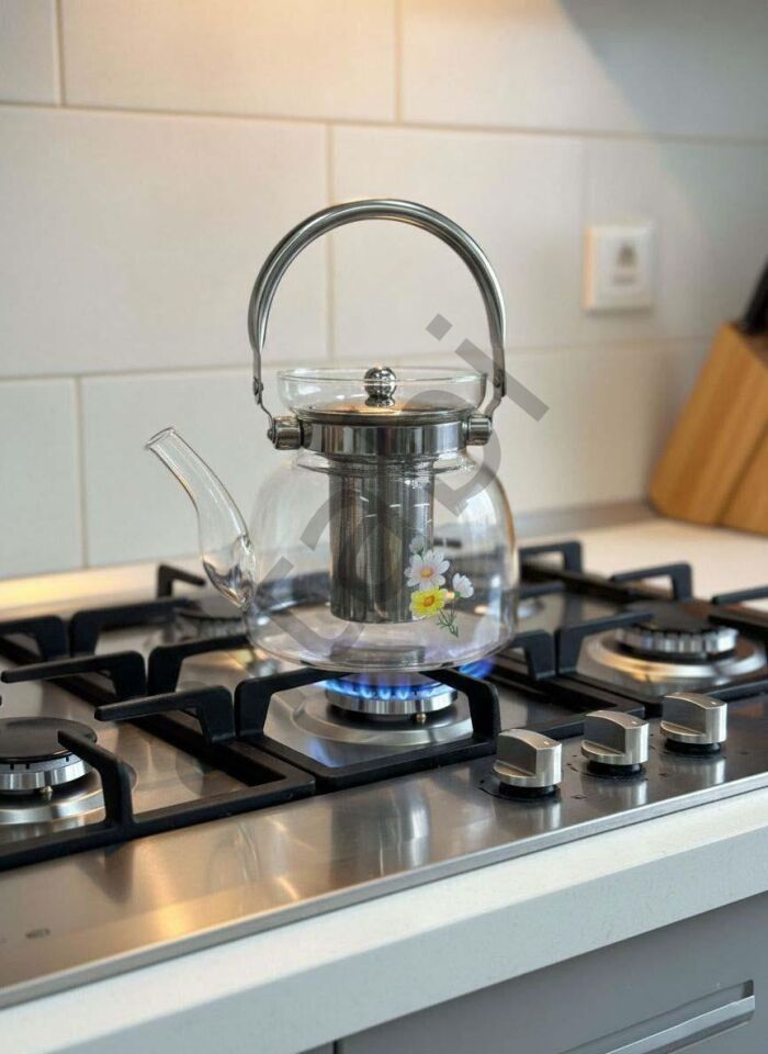 Cam Demlik 1000 ml – Çelik Süzgeçli Bitki Çay Demliği (Ocakta Kullanılır)