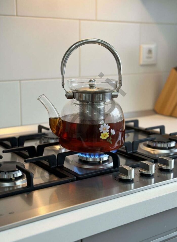 Cam Demlik 1200 ml – Çelik Süzgeçli Bitki Çay Demliği (Ocakta Kullanılır)