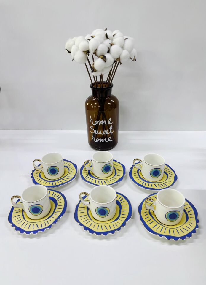 Porselen Kahve Takımı 6 Kişilik | Özel Tasarım Fincan ve Tabaklar | 90 ml