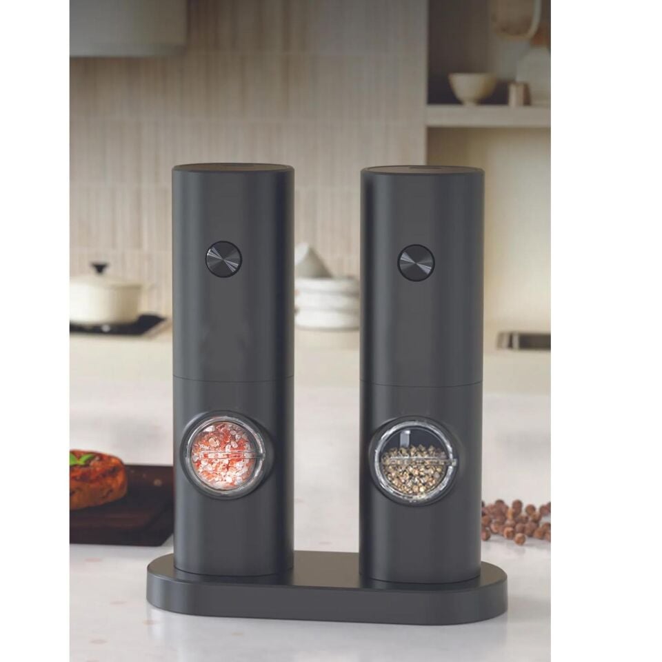 Pilli Karabiber & Tuz Değirmeni 2'li Set – Standlı, LED Işıklı, Ayarlanabilir Öğütme Mekanizmalı