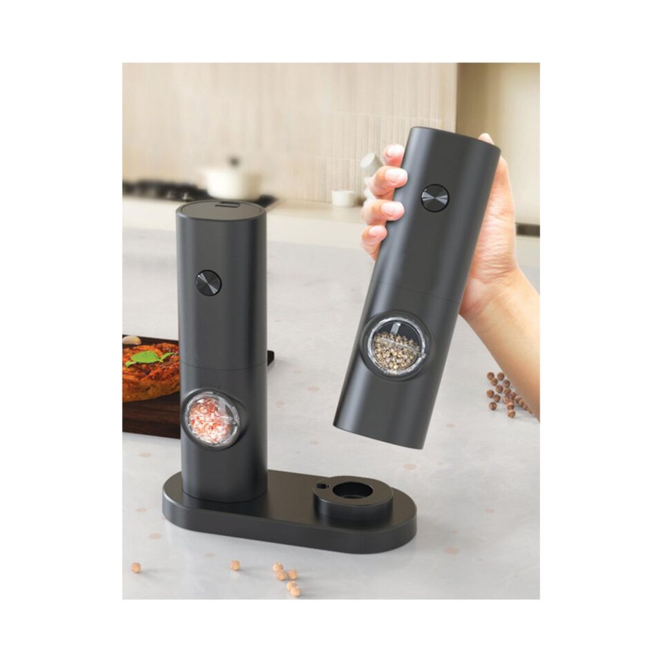 Pilli Karabiber & Tuz Değirmeni 2'li Set – Standlı, LED Işıklı, Ayarlanabilir Öğütme Mekanizmalı