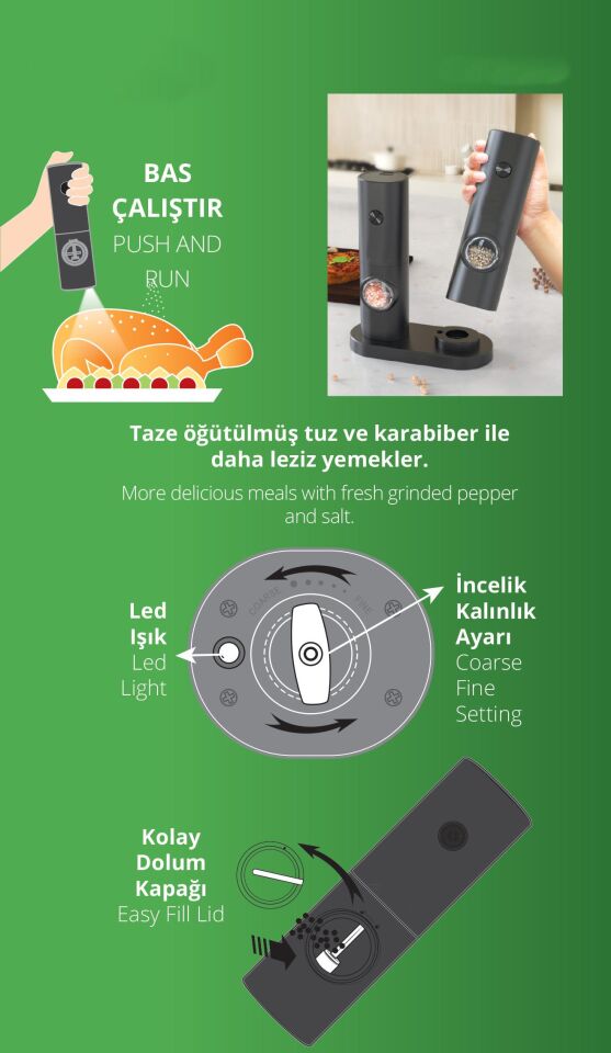 Pilli Karabiber & Tuz Değirmeni 2'li Set – Standlı, LED Işıklı, Ayarlanabilir Öğütme Mekanizmalı