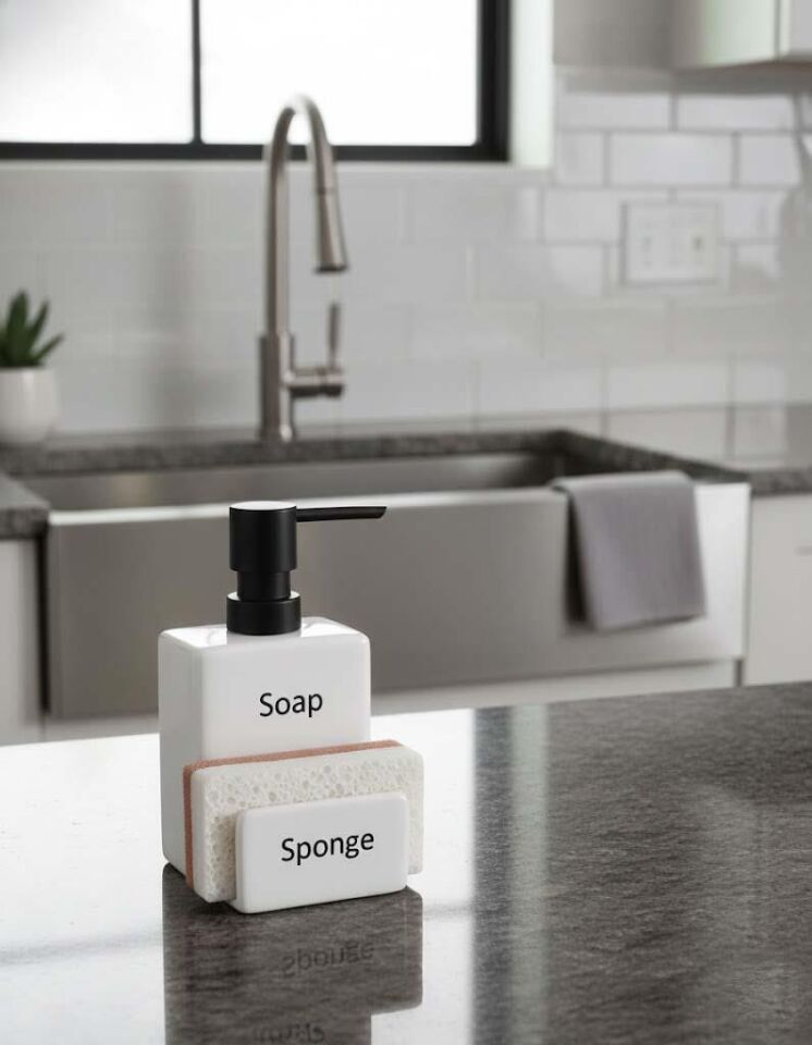 Seramik Mutfak Sıvı Sabunluk ve Süngerlik Bölmeli Deterjanlık – 2’li Set