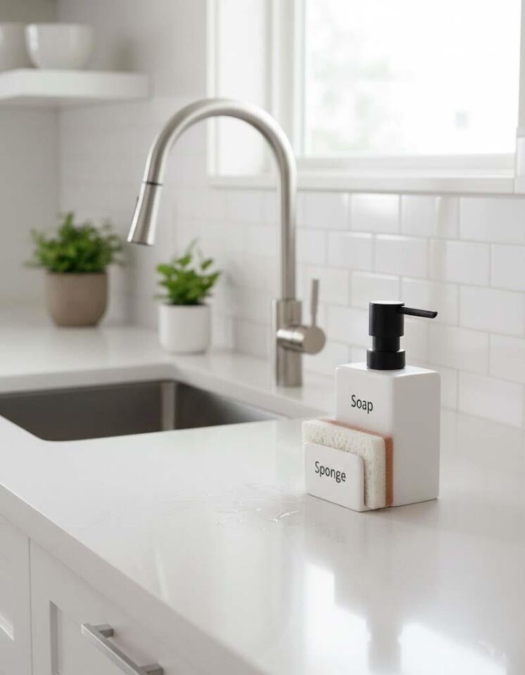 Seramik Mutfak Sıvı Sabunluk ve Süngerlik Bölmeli Deterjanlık – 2’li Set