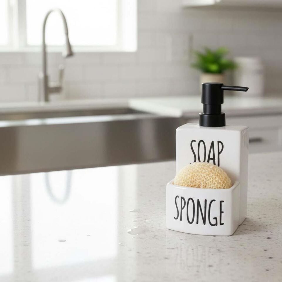 Seramik Mutfak Sıvı Sabunluk ve Süngerlik Bölmeli Deterjanlık
