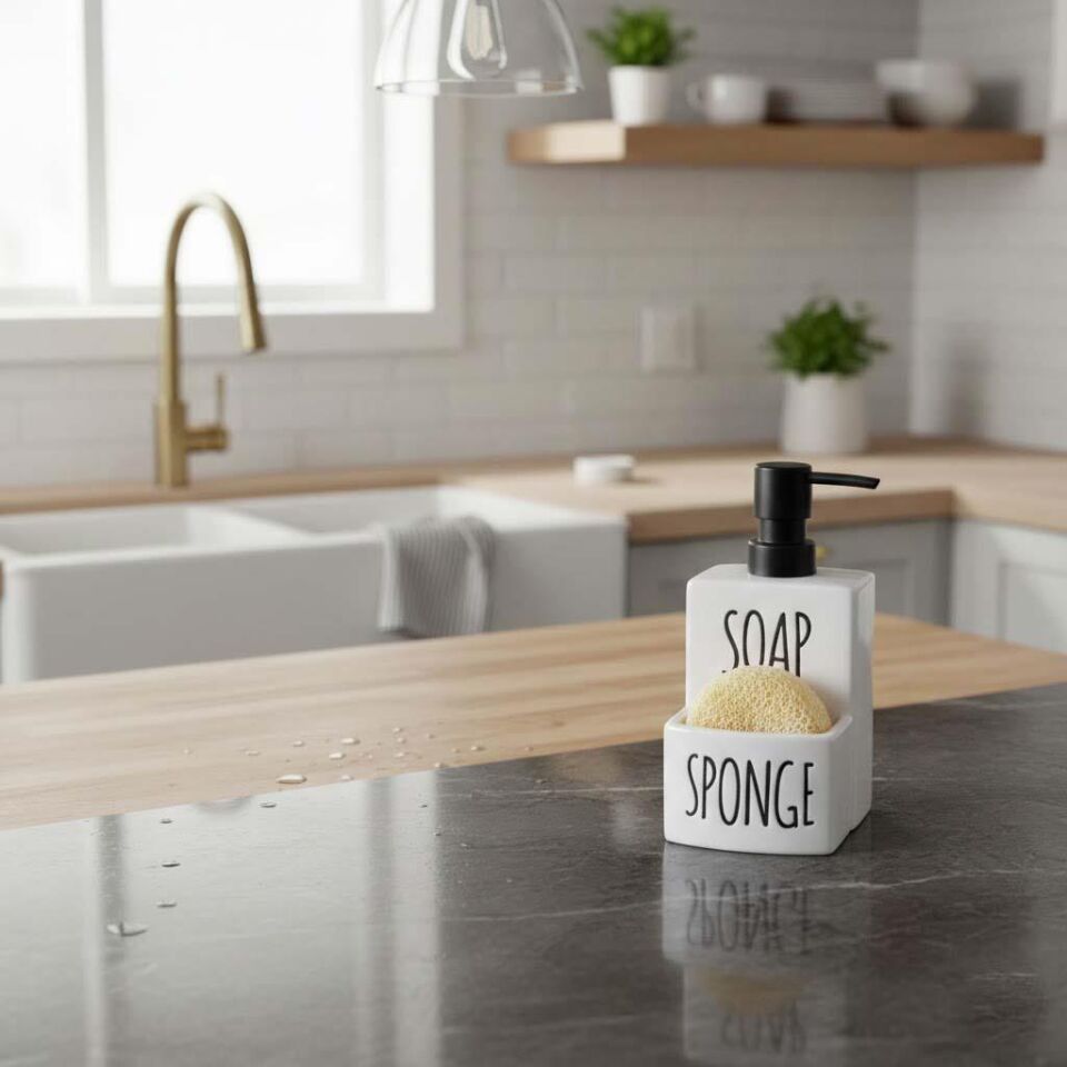 Seramik Mutfak Sıvı Sabunluk ve Süngerlik Bölmeli Deterjanlık