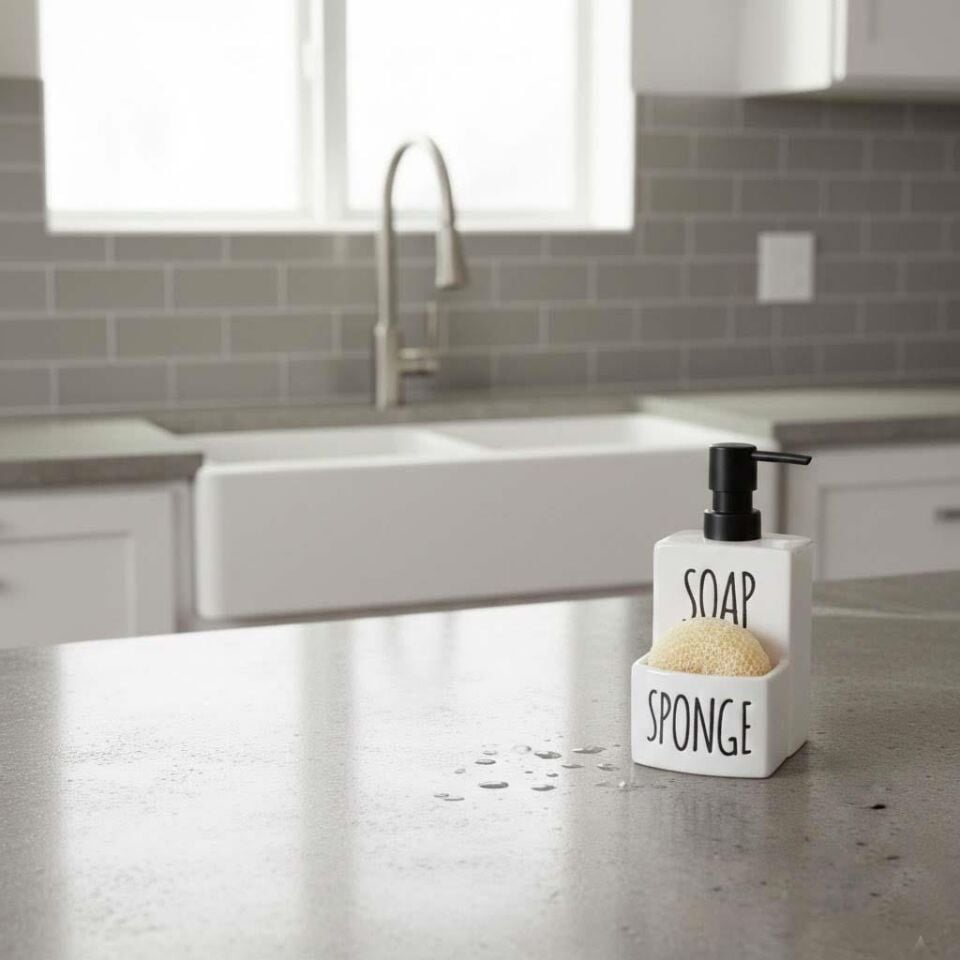 Seramik Mutfak Sıvı Sabunluk ve Süngerlik Bölmeli Deterjanlık