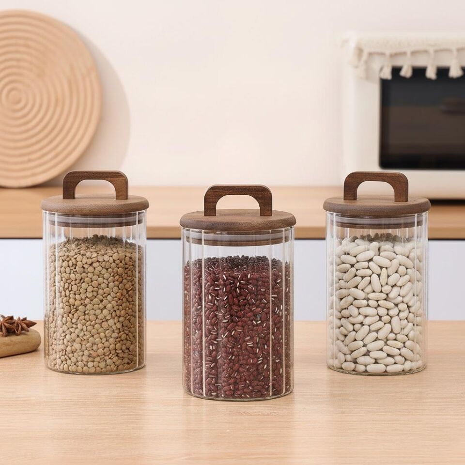 Borosilikat Cam Vakumlu Kavanoz 950 ml | Akasya Kapaklı Bakliyat & Baharat Kavanozu 3 ADET