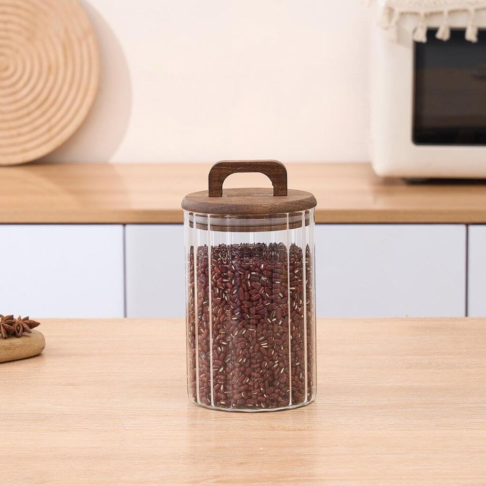 Borosilikat Cam Vakumlu Kavanoz 950 ml | Akasya Kapaklı Bakliyat & Baharat Kavanozu 3 ADET