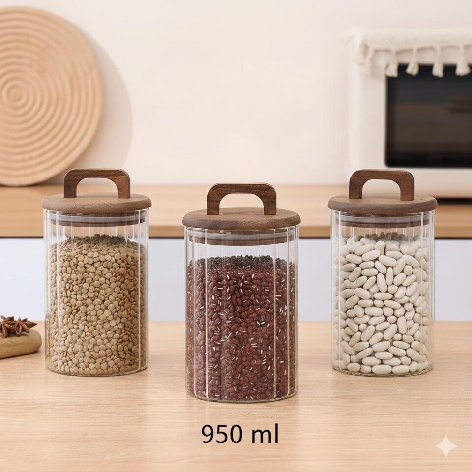 Borosilikat Cam Vakumlu Kavanoz 950 ml | Akasya Kapaklı Bakliyat & Baharat Kavanozu 3 ADET