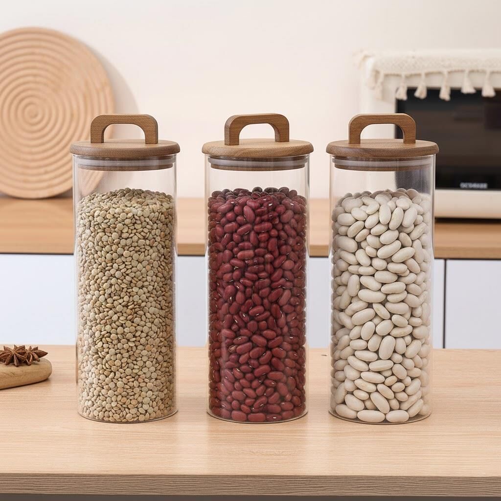 Borosilikat Cam Vakumlu Kavanoz 1550 ml | Akasya Kapaklı Bakliyat & Baharat Kavanozu 3 ADET