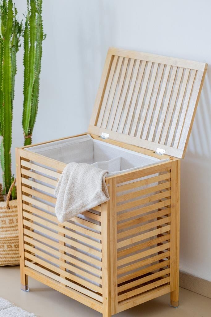 Bambu Kirli Çamaşır Sepeti | 2 Bölmeli | 59 × 53 × 35 cm