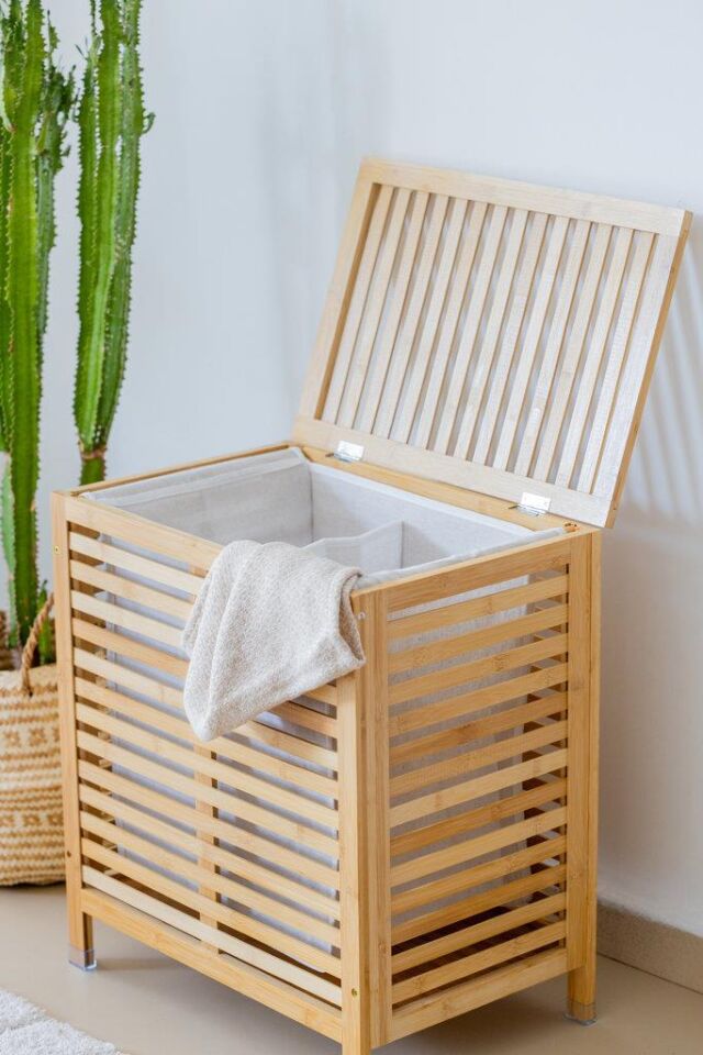 Bambu Kirli Çamaşır Sepeti | 2 Bölmeli | 59 × 53 × 35 cm