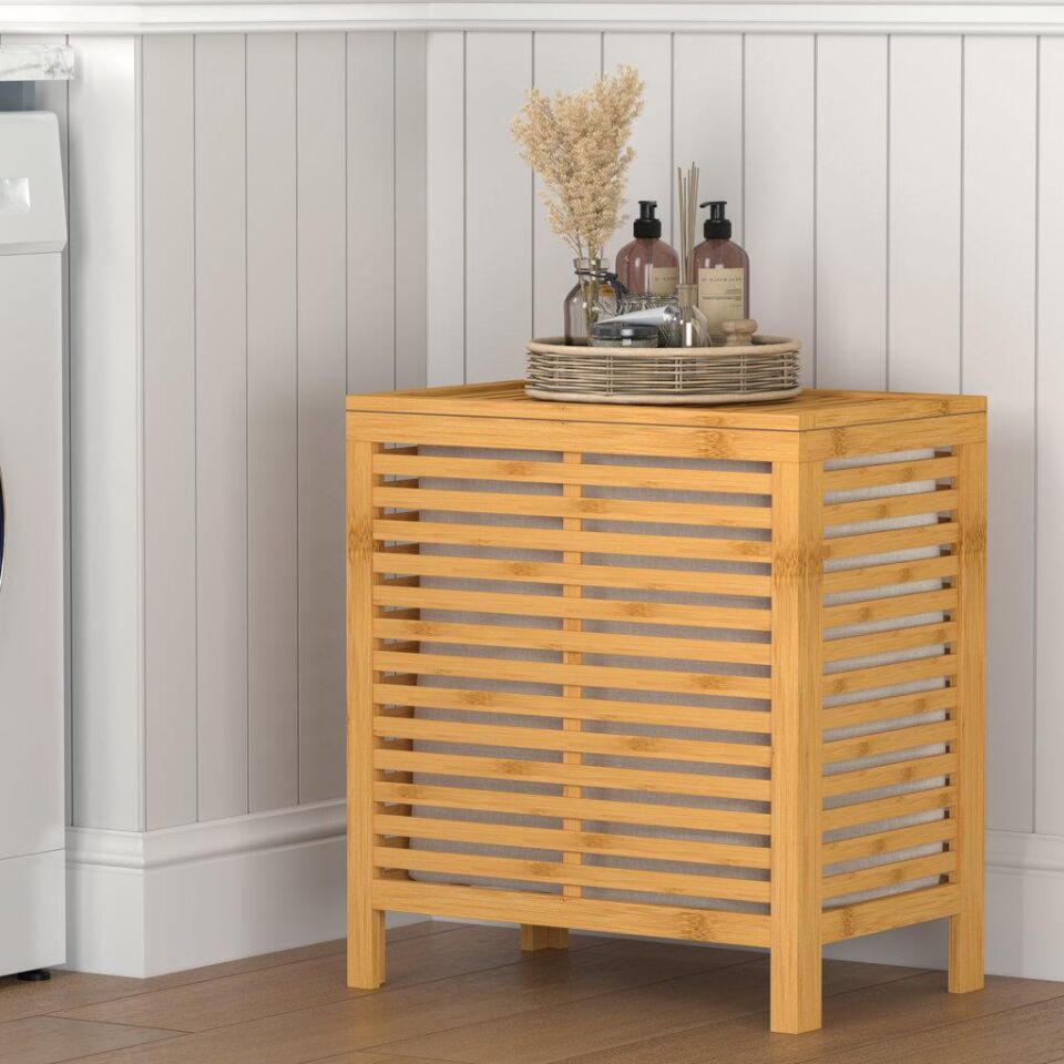 Bambu Kirli Çamaşır Sepeti | 2 Bölmeli | 59 × 53 × 35 cm