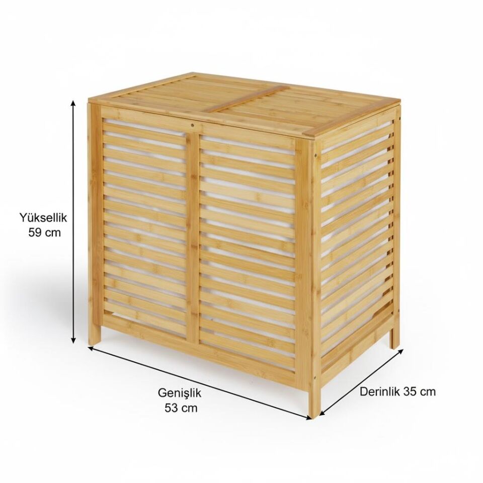 Bambu Kirli Çamaşır Sepeti | 2 Bölmeli | 59 × 53 × 35 cm