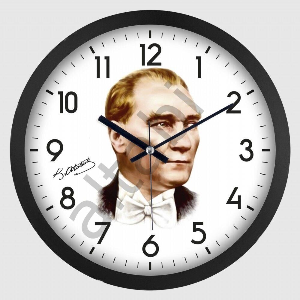 Dekoratif Duvar Saati Siyah Çerçeveli Atatürk Baskılı 30 CM