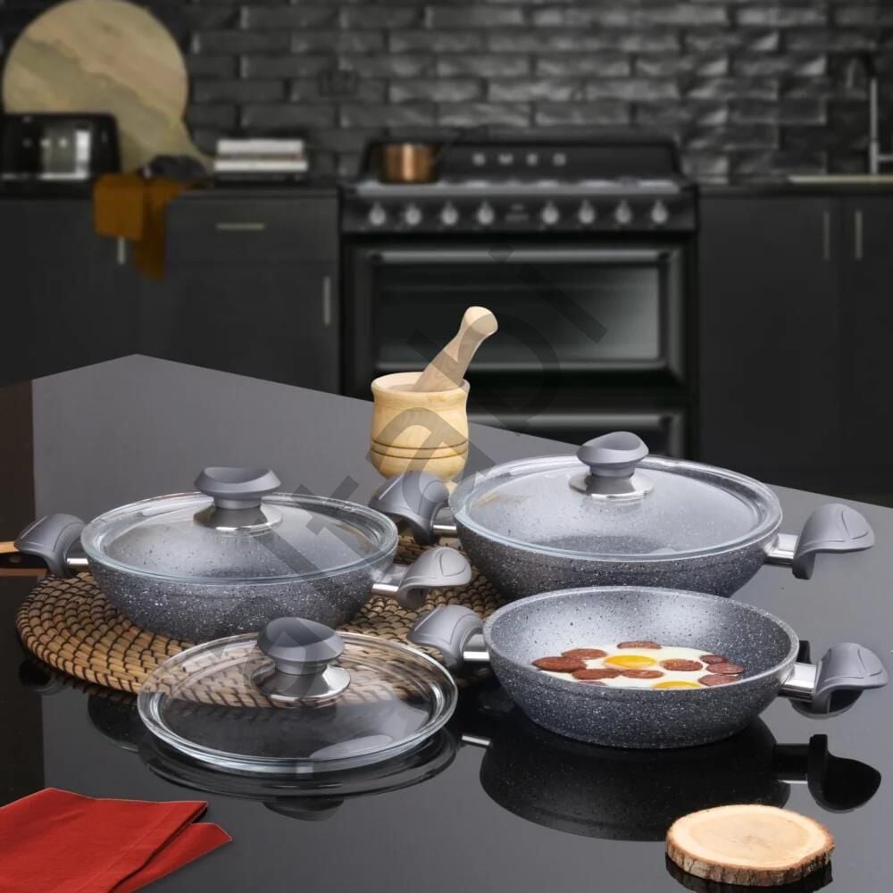 OMS Bio Granit 6 Parça Kapaklı Sahan Seti Gri | Yapışmaz Biogranit | 18-20-22 cm