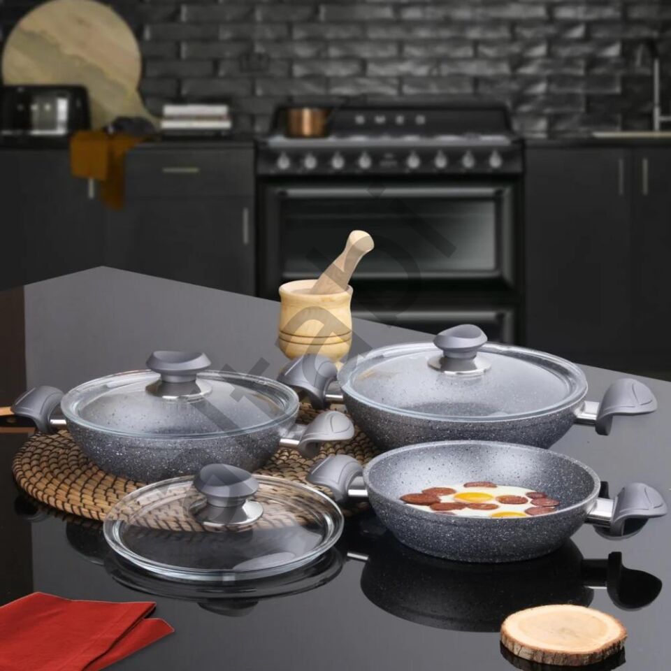 OMS Bio Granit 6 Parça Kapaklı Sahan Seti Gri | Yapışmaz Biogranit | 18-20-22 cm