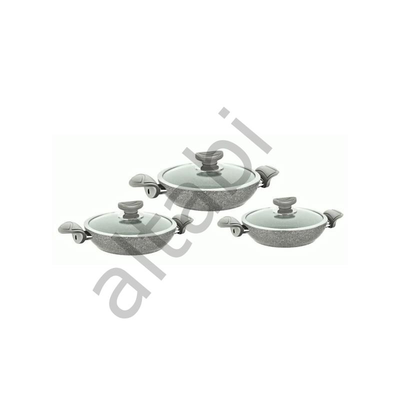 OMS Bio Granit 6 Parça Kapaklı Sahan Seti Gri | Yapışmaz Biogranit | 18-20-22 cm