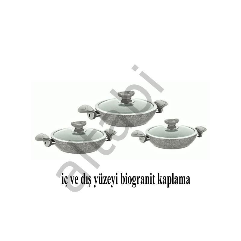 OMS Bio Granit 6 Parça Kapaklı Sahan Seti Gri | Yapışmaz Biogranit | 18-20-22 cm