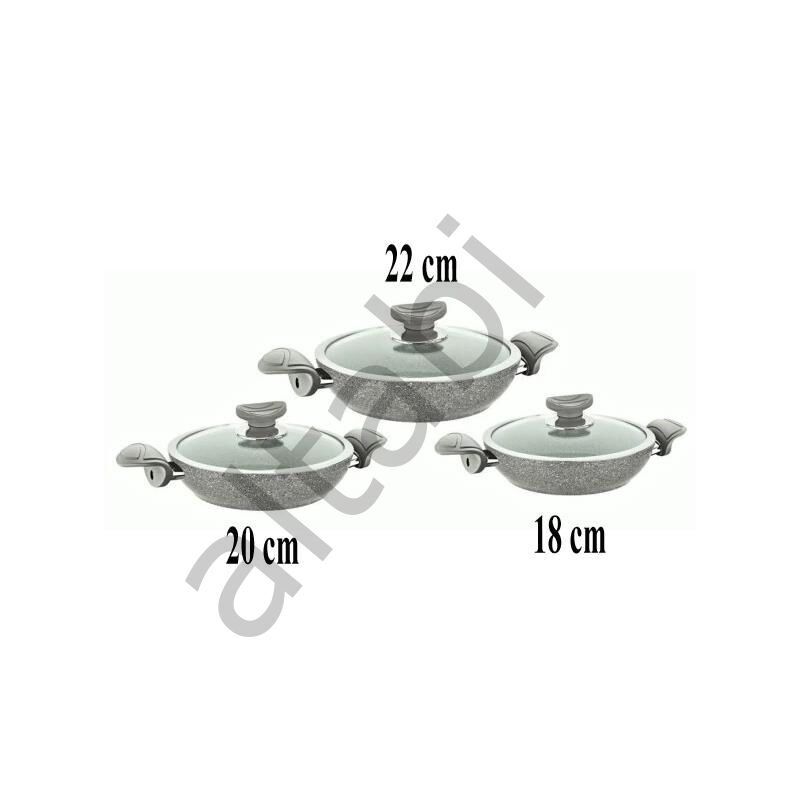OMS Bio Granit 6 Parça Kapaklı Sahan Seti Gri | Yapışmaz Biogranit | 18-20-22 cm
