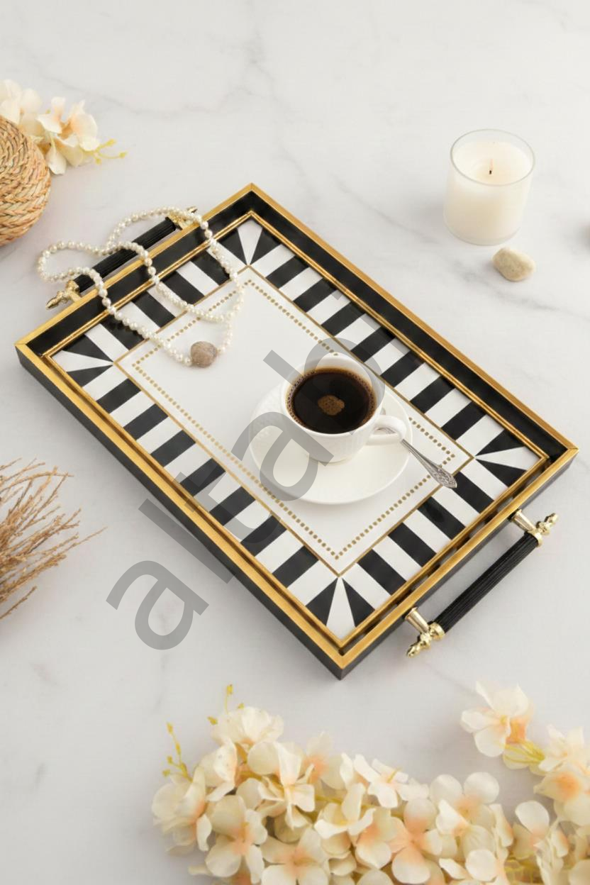 Dijital Baskılı Cam Servis Tepsisi – Modern Desenli, Metal Kulplu 46x28 cm