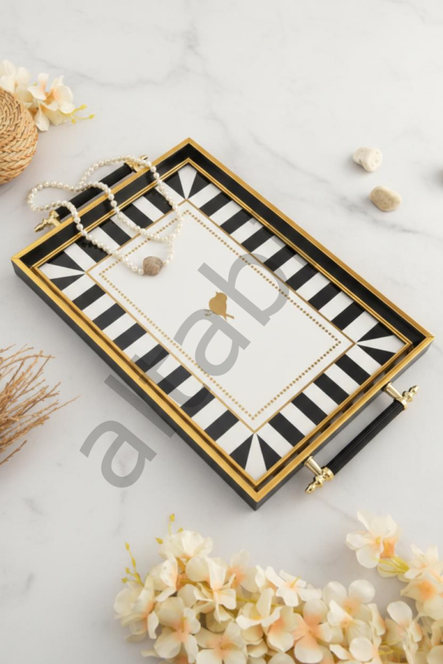 Dijital Baskılı Cam Servis Tepsisi – Modern Desenli, Metal Kulplu 46x28 cm