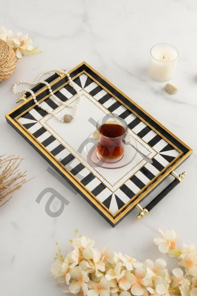 Dijital Baskılı Cam Servis Tepsisi – Modern Desenli, Metal Kulplu 46x28 cm