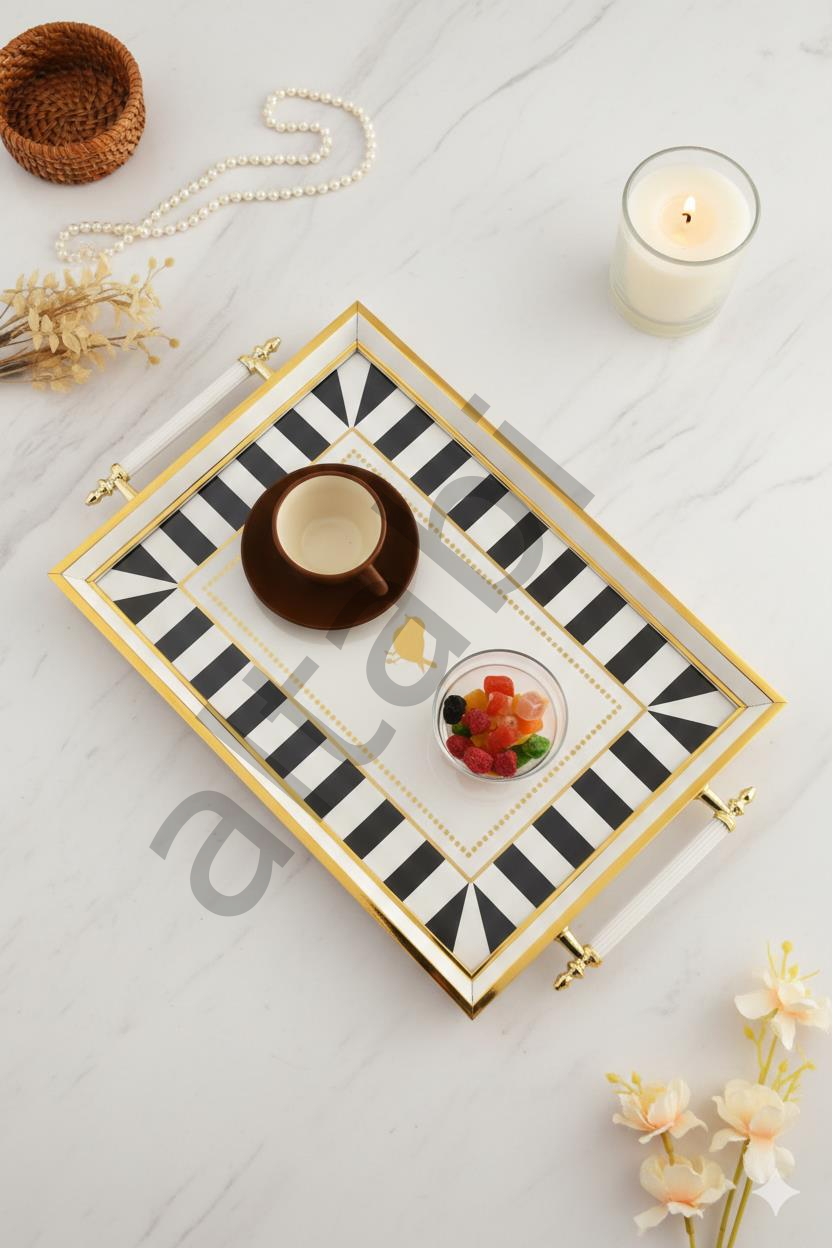 Dijital Baskılı Cam Servis Tepsisi – Modern Desenli, Metal Kulplu 46x28 cm