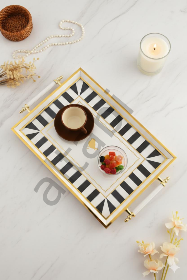 Dijital Baskılı Cam Servis Tepsisi – Modern Desenli, Metal Kulplu 46x28 cm
