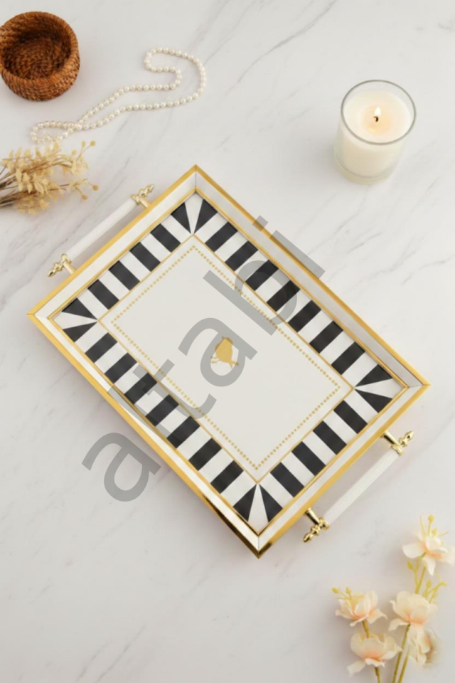 Dijital Baskılı Cam Servis Tepsisi – Modern Desenli, Metal Kulplu 46x28 cm