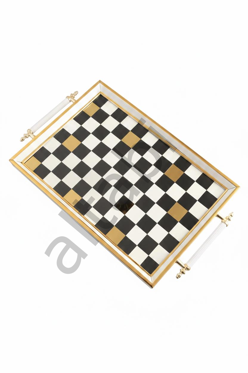 Dijital Baskılı Cam Servis Tepsisi – Dama Desenli, Metal Kulplu 46x28 cm