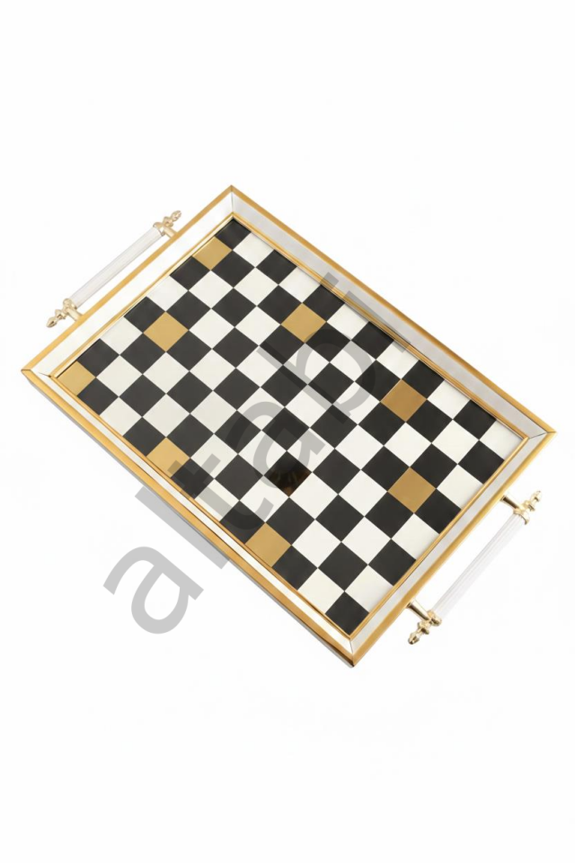 Dijital Baskılı Cam Servis Tepsisi – Dama Desenli, Metal Kulplu 46x28 cm