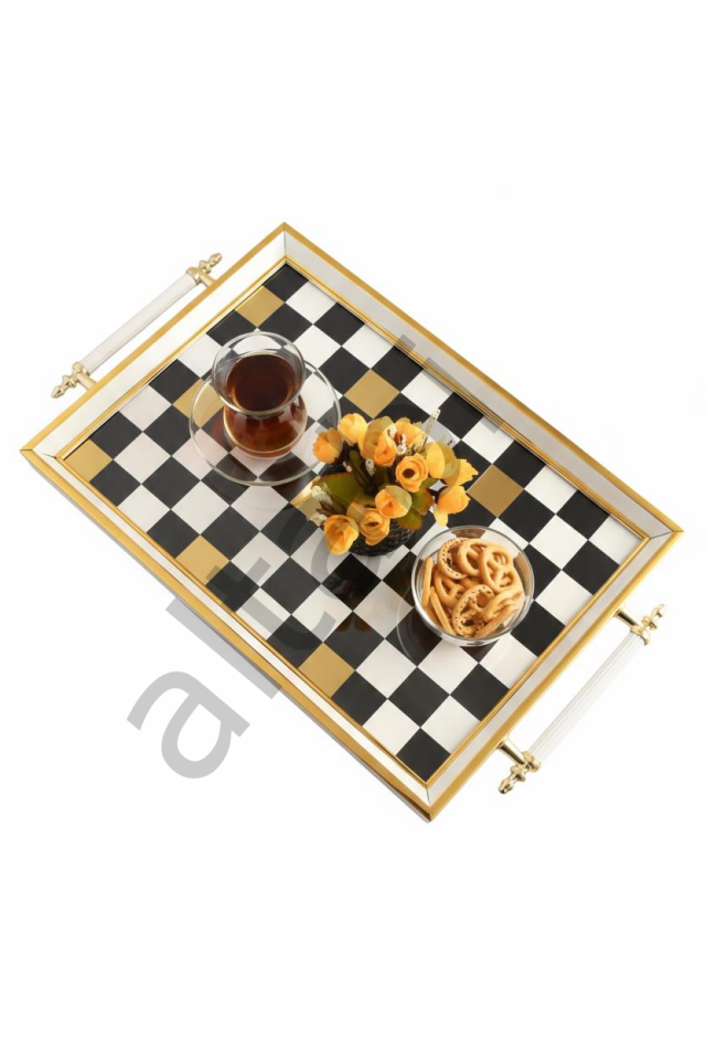 Dijital Baskılı Cam Servis Tepsisi – Dama Desenli, Metal Kulplu 46x28 cm