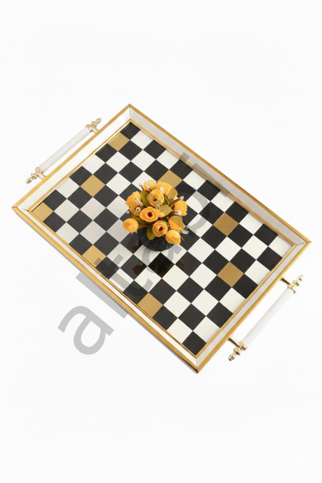 Dijital Baskılı Cam Servis Tepsisi – Dama Desenli, Metal Kulplu 46x28 cm