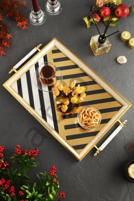 Dijital Baskılı Cam Servis Tepsisi – Modern Desenli, Metal Kulplu 46x28 cm
