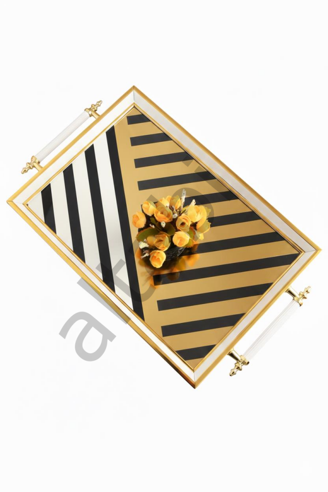 Dijital Baskılı Cam Servis Tepsisi – Modern Desenli, Metal Kulplu 46x28 cm