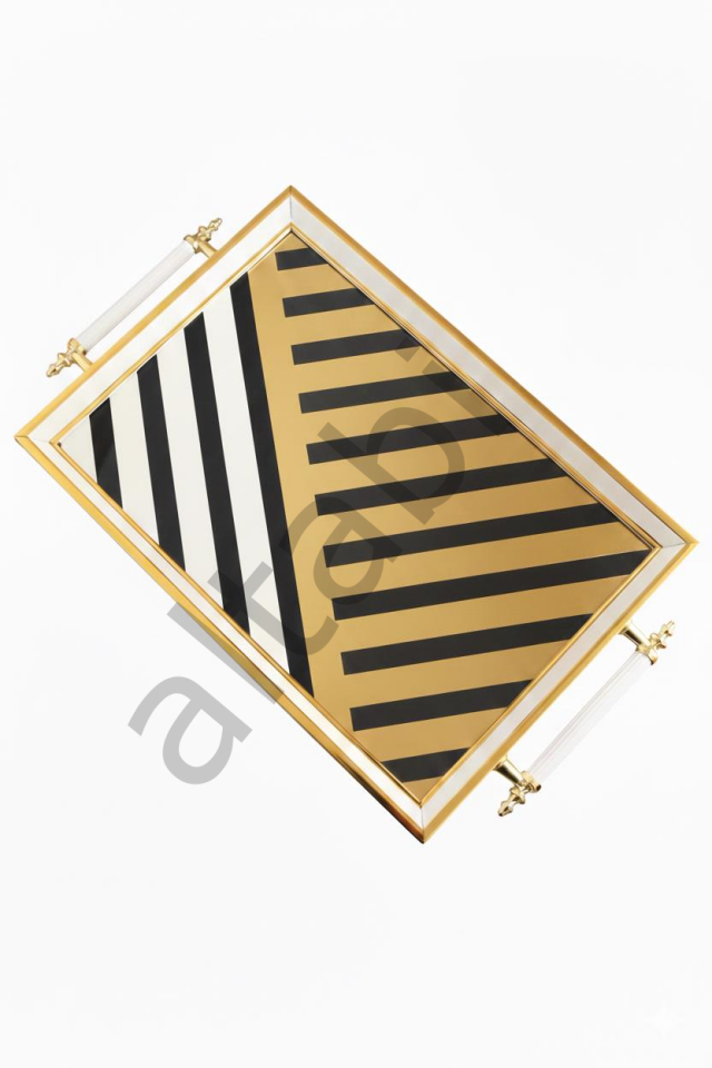 Dijital Baskılı Cam Servis Tepsisi – Modern Desenli, Metal Kulplu 46x28 cm