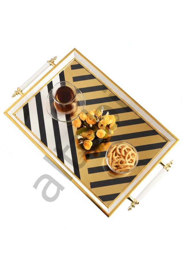 Dijital Baskılı Cam Servis Tepsisi – Modern Desenli, Metal Kulplu 46x28 cm